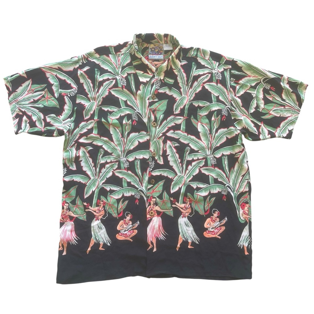 VTG Avanti Silk Hawaiian Original Hula Girls Palms Aloha Print Button Up Shirt L - Picture 1 of 8